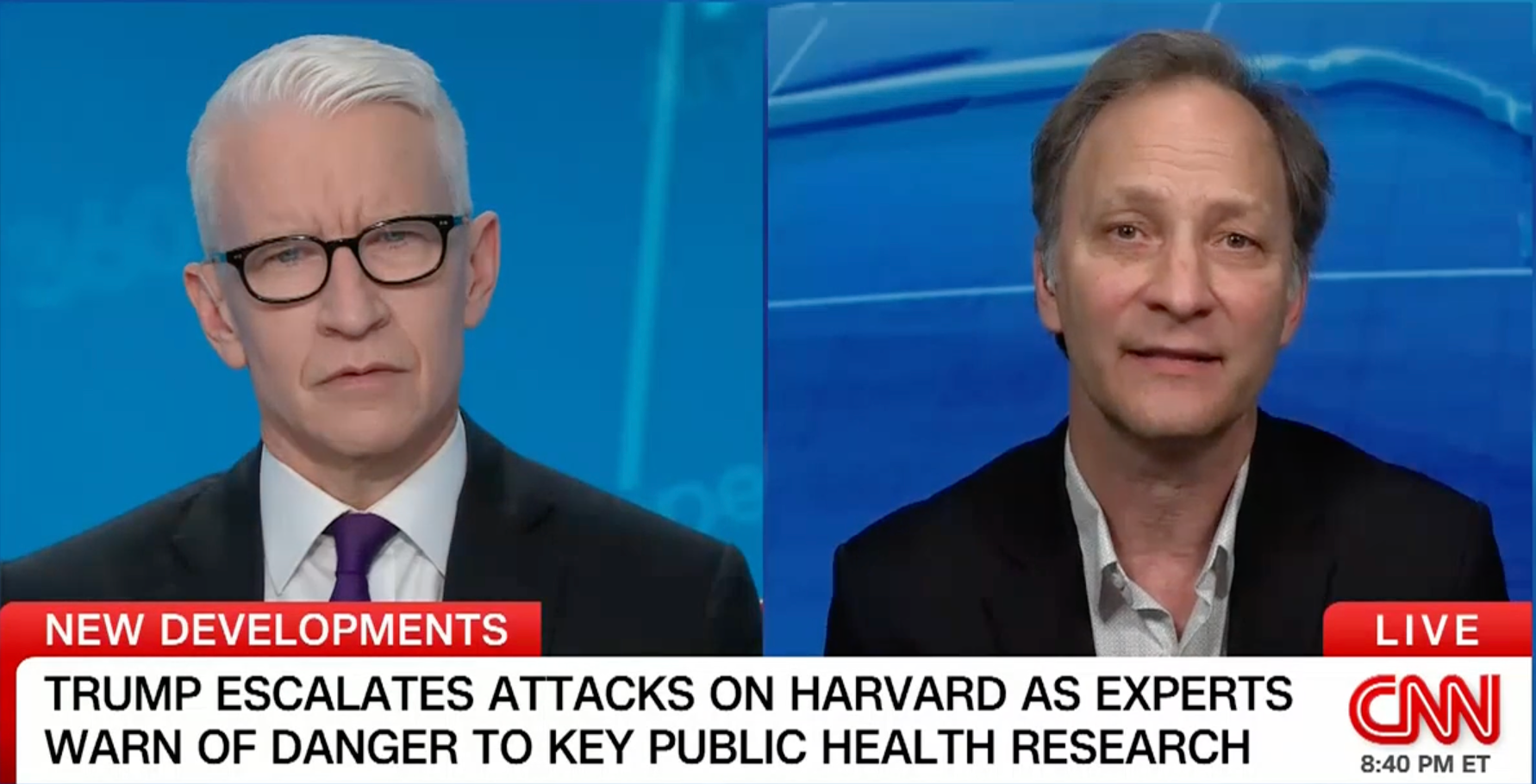 A screenshot of Anderson Cooper interviewing Marc Weisskopf. Cooper is on the left, Weisskopf is on the right.